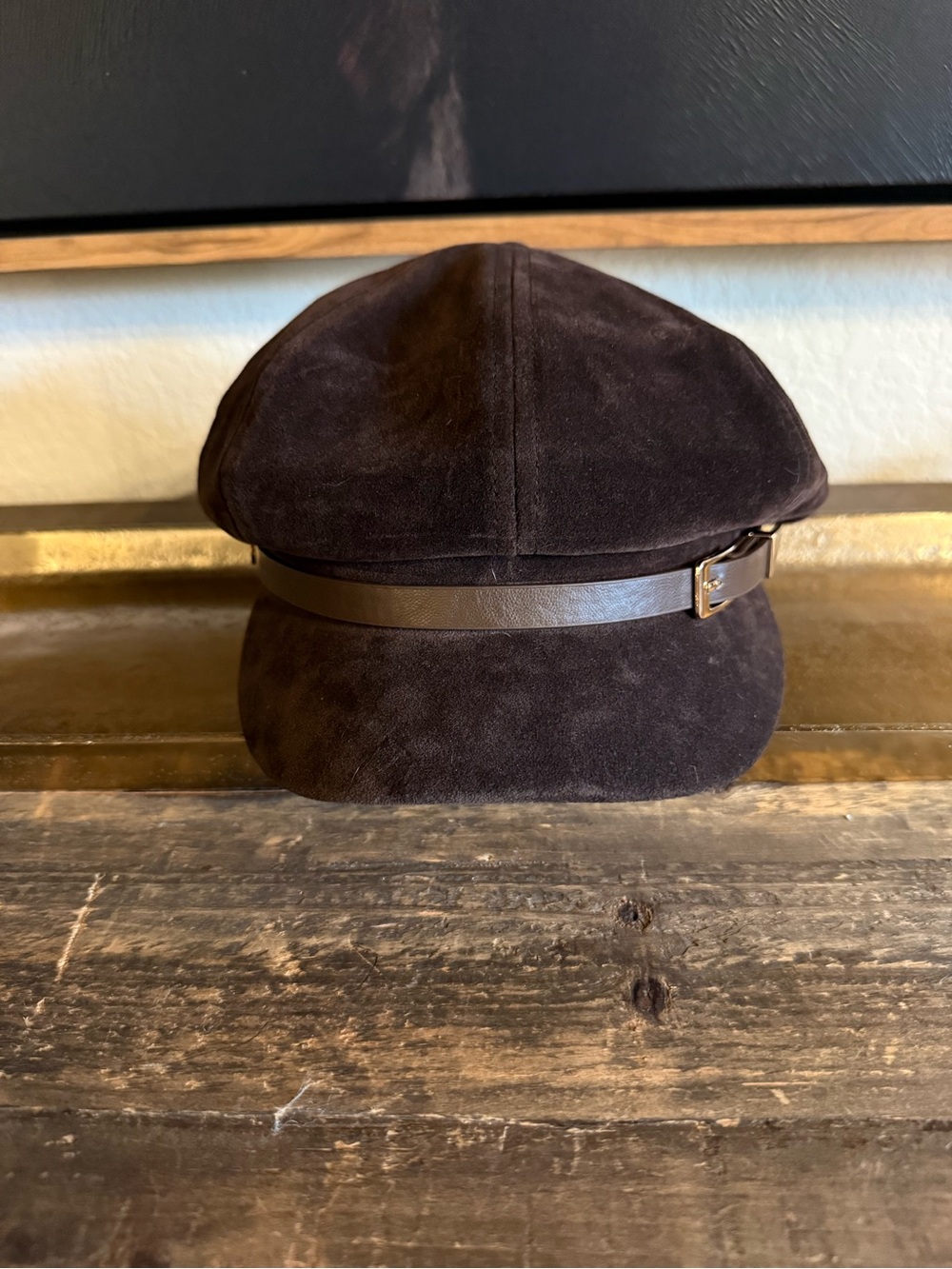 Women's Dark Brown Suede Baker Boy Hat with Leather Band